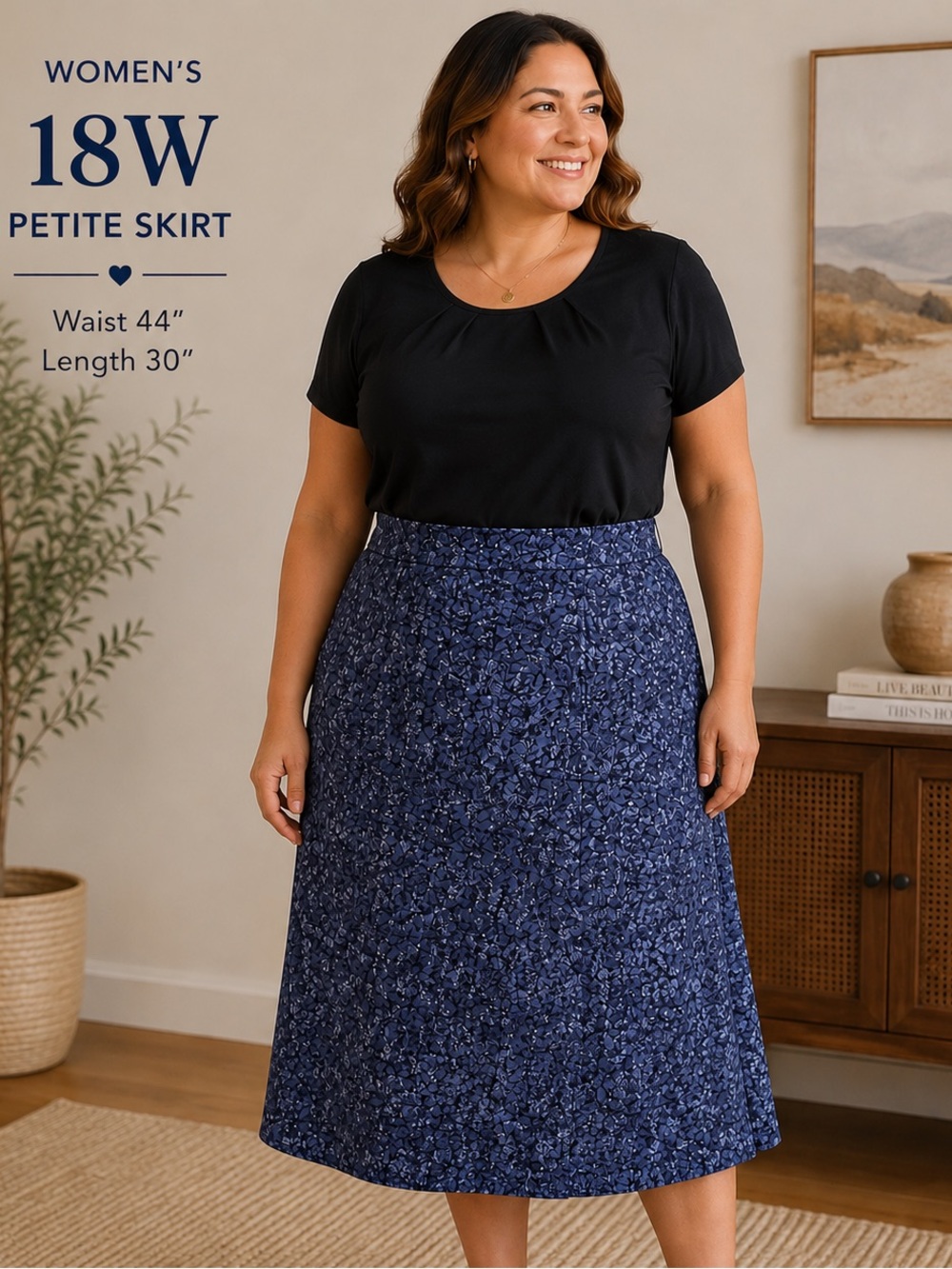 A-Line Navy Blue Printed Skirt Waist 44” waist
Length 30”